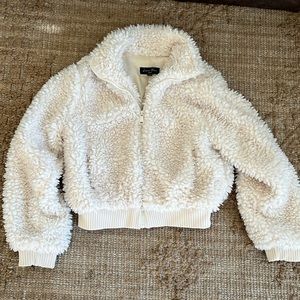 Love Tree fluffy fuzzy white/cream zip up collared cropped jacket S